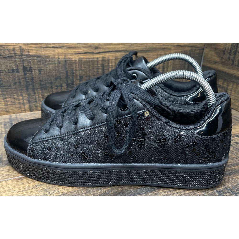 Uubaris Black Lace Patent Leather Rhinestone Platform Sneakers Women's Size 8
